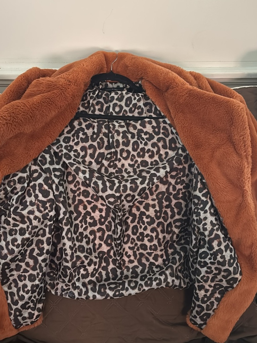 Rust Faux Fur Jacket with Leopard Print Lining